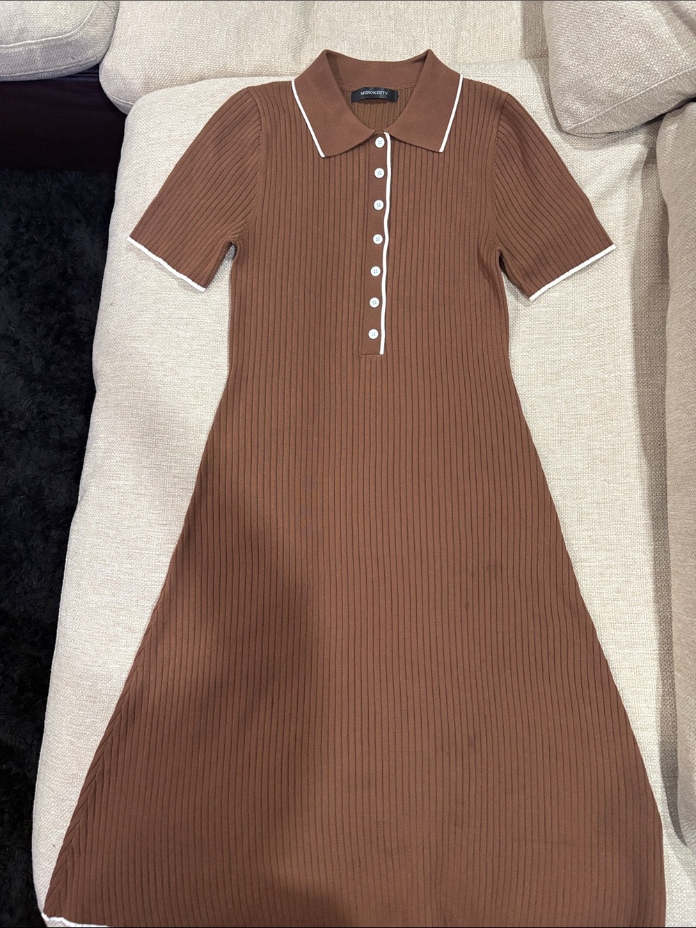 Ribbed Polo Midi Dress in Brown with White Trim